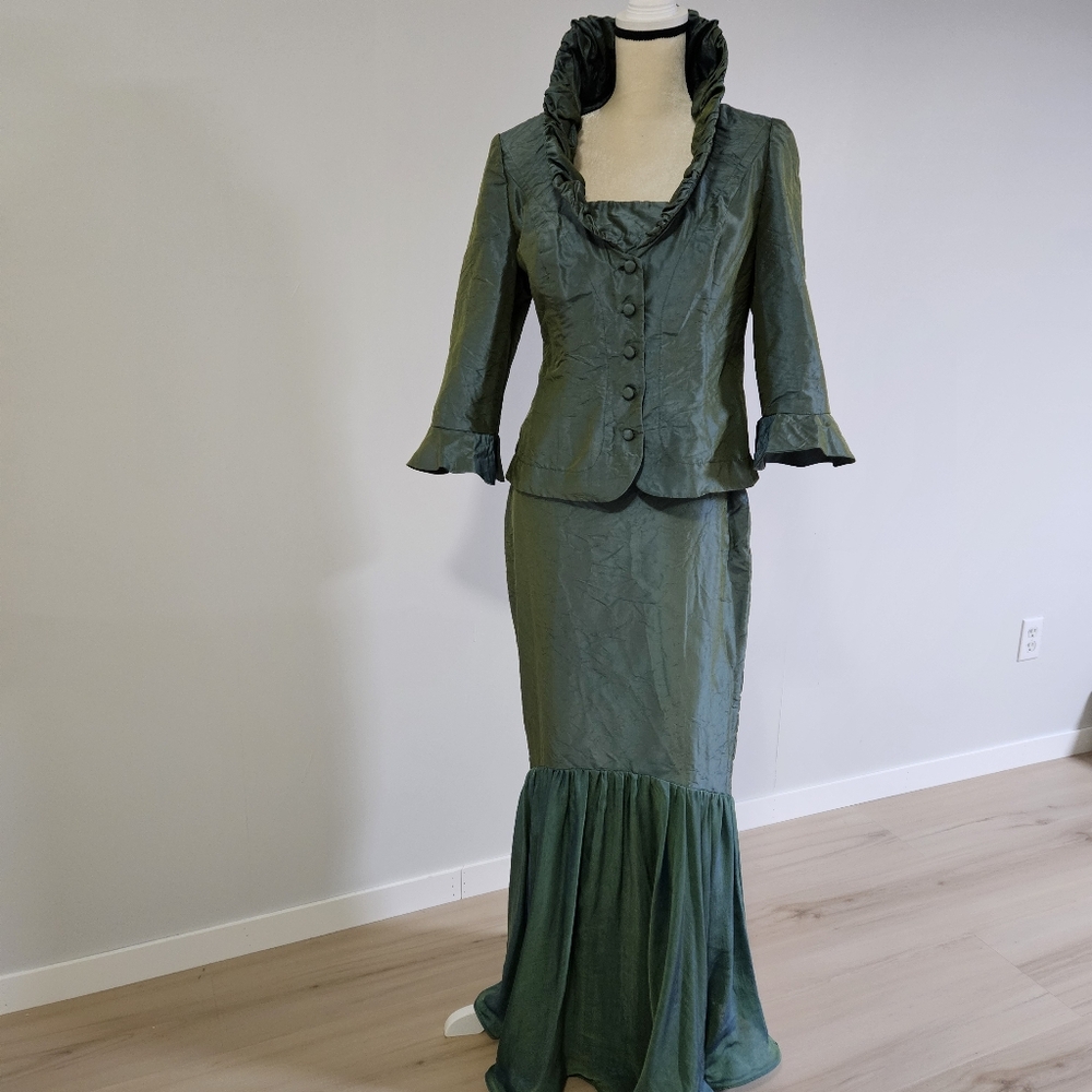 Vintage Silk Iridescent Victorian Edwardian Ruffle Maxi Skirt & Top & Blazer Set